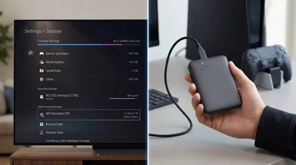 USB drive and PS5 storage menu used to back up data before a factory reset
