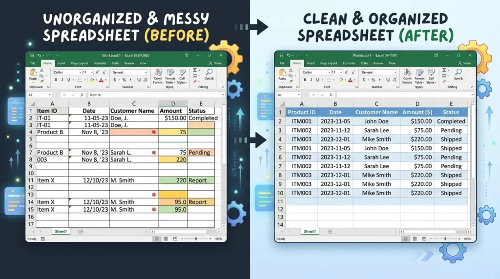 Excel spreadsheet before and after empty rows are removed