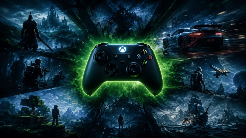 Xbox controller surrounded by icons representing the best games on Xbox Game Pass