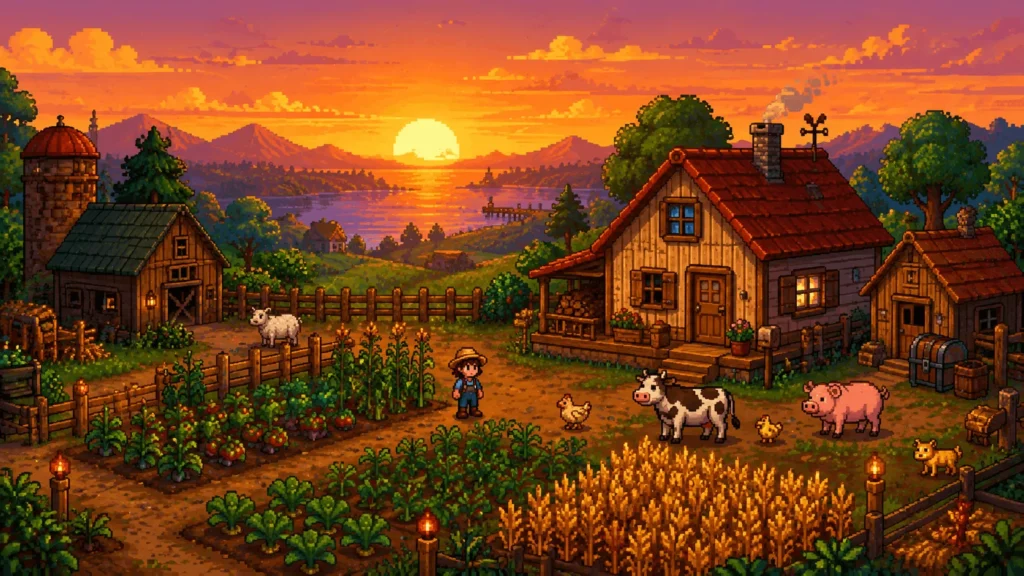 Cozy pixel art farm scene from one of the best games on Xbox Game Pass