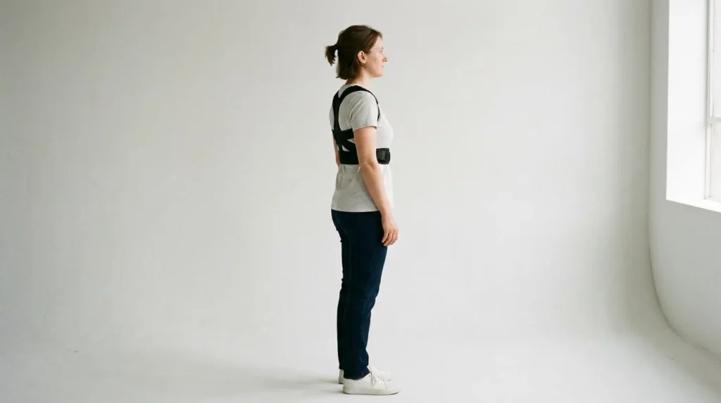 Person wearing one of the best posture correctors, a figure-8 back brace, over a t-shirt