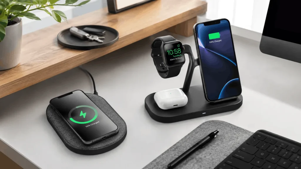 Best wireless chargers arranged on a desk charging a phone, smartwatch, and earbuds
