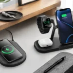 Best wireless chargers arranged on a desk charging a phone, smartwatch, and earbuds