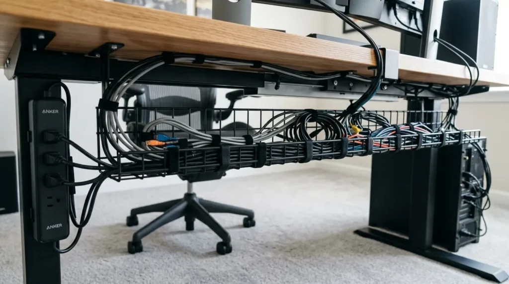 Under-desk tray tidying cables cleanly as part of learning how to set up a home office desk
