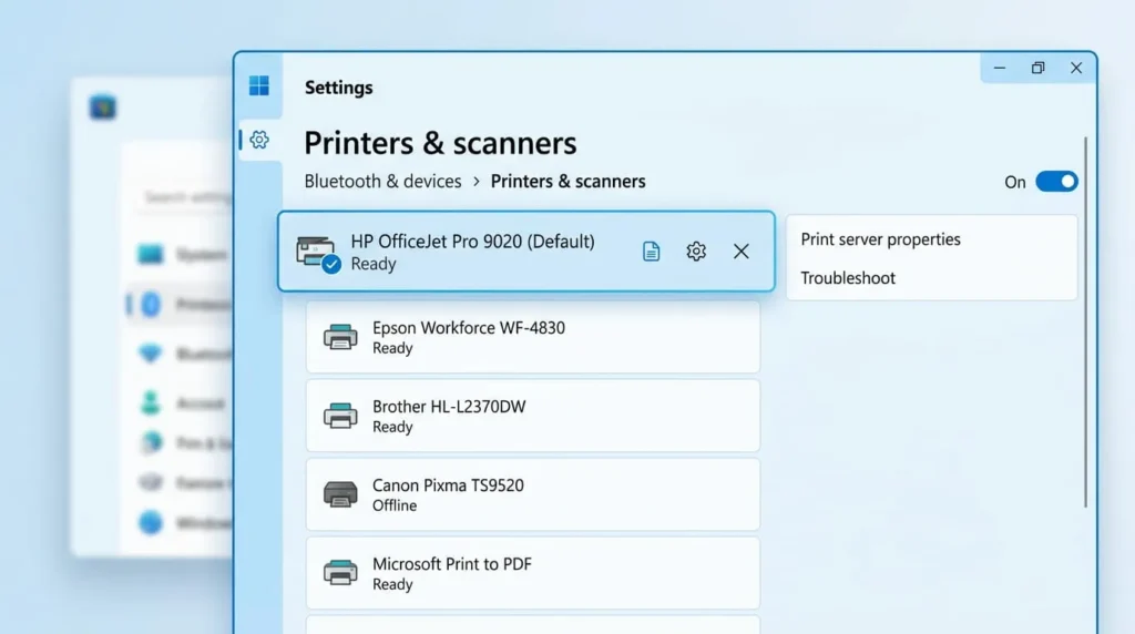 Windows 10 printers and scanners menu showing how to change default printer