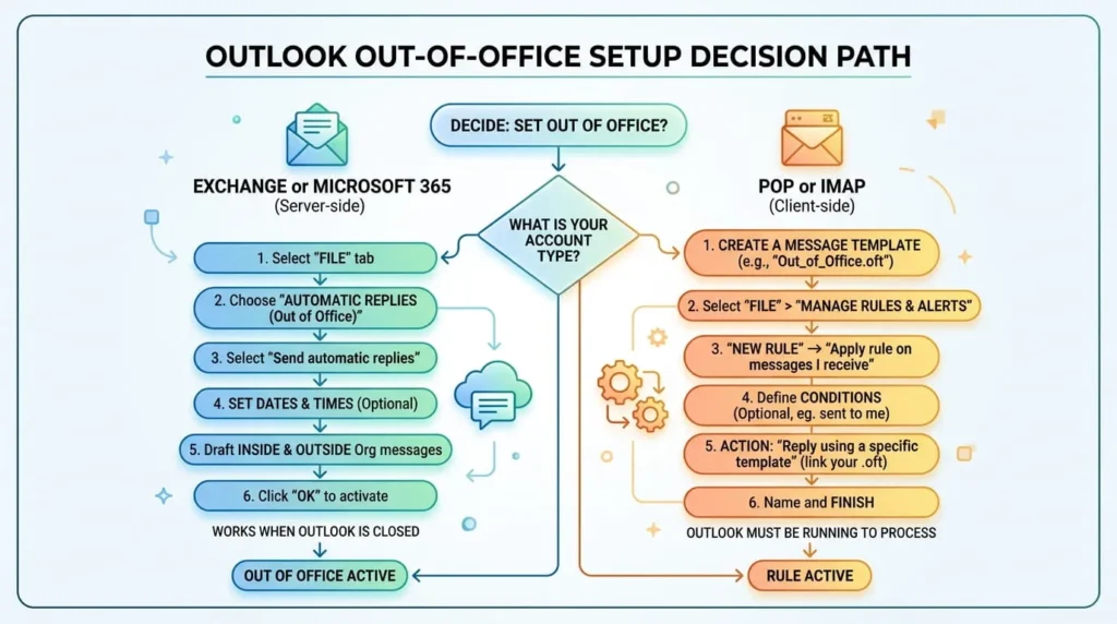 Flowchart for choosing between Automatic Replies and Rules for an out of office message in Outlook