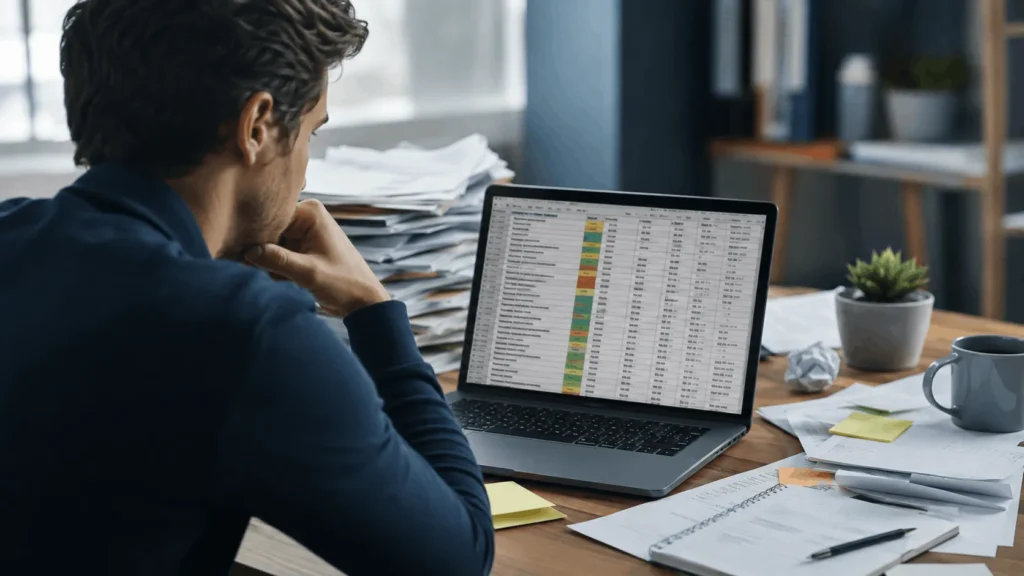 Person reviewing an overcrowded and poorly organized to-do list spreadsheet on a laptop