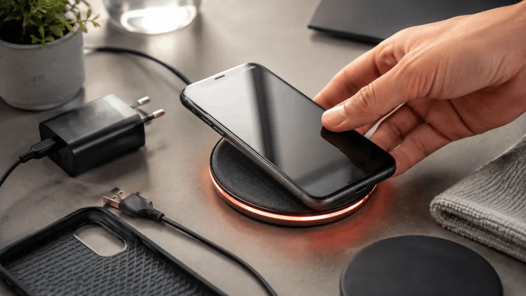 Smartphone on a wireless charging pad showing common charging issues such as misalignment, overheating, and cable problems