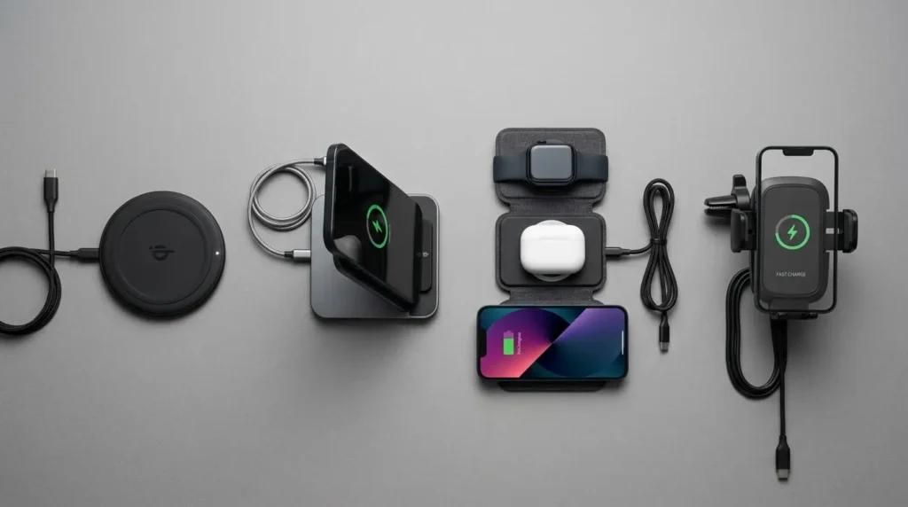 Four types of the best wireless chargers compared side by side including a pad, stand, and car mount