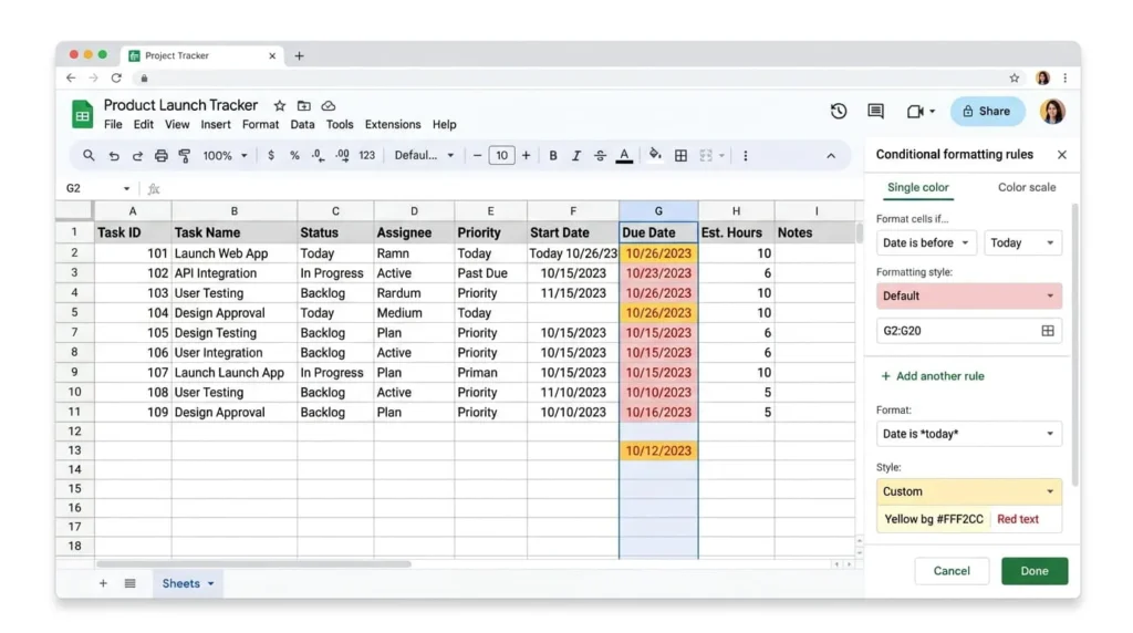 Conditional formatting panel applied to due dates in a Google Sheets to do list template