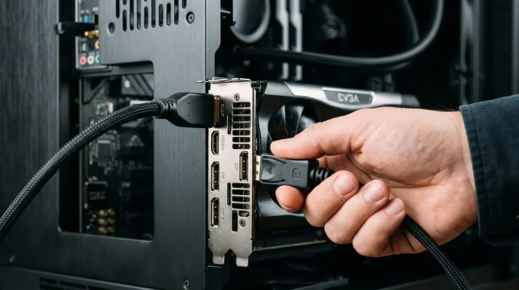 A hand plugging HDMI and DisplayPort cables into a graphics card while setting up two monitors