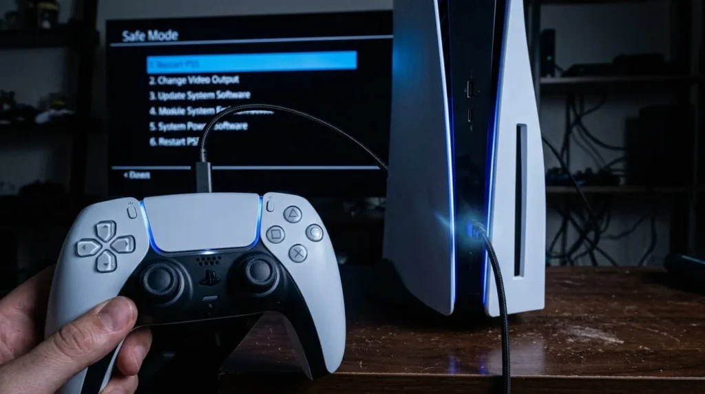 DualSense controller wired to a PS5 to factory reset the console in Safe Mode