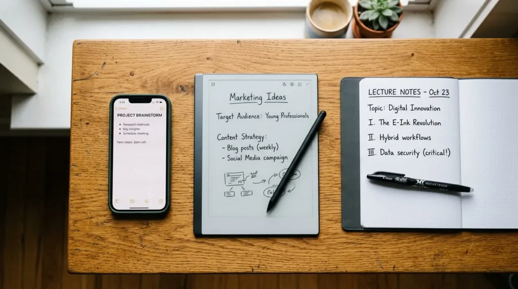 Three types of digital notebook devices, an app, an e-ink tablet, and a reusable paper notebook, arranged together