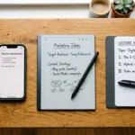 Three types of digital notebook devices, an app, an e-ink tablet, and a reusable paper notebook, arranged together