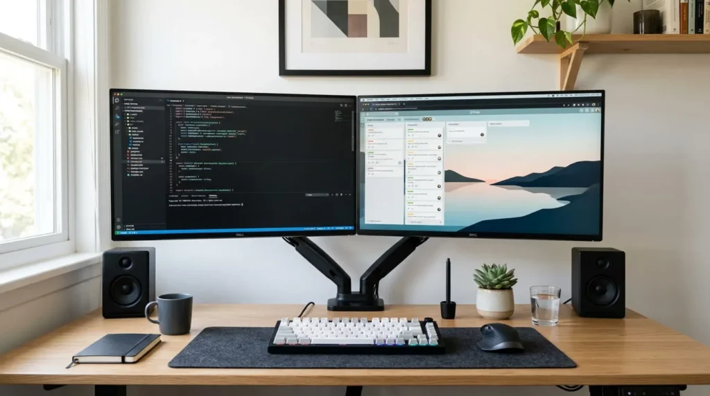 An organized desk arrangement featuring dual screens as part of a complete guide on how to set up a home office