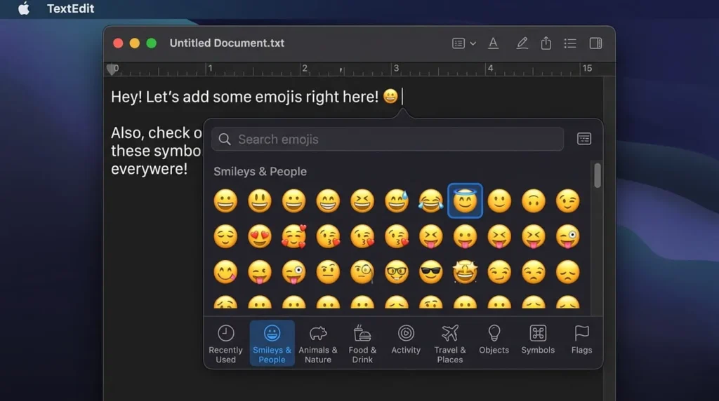 macOS Character Viewer panel opened using the emoji keyboard shortcut showing emoji categories