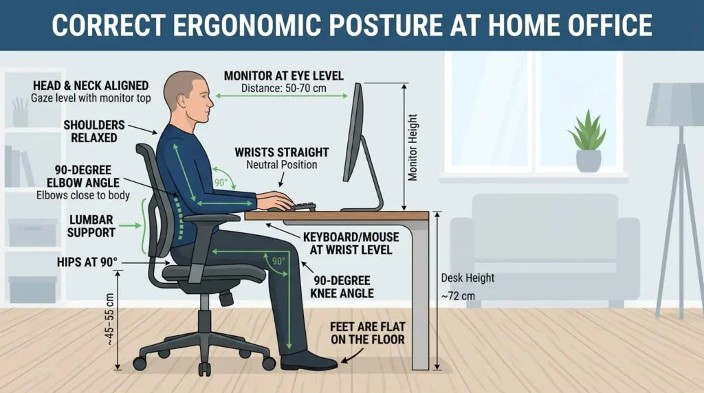 An illustrated guide demonstrating proper posture and ergonomics when setting up a home office desk