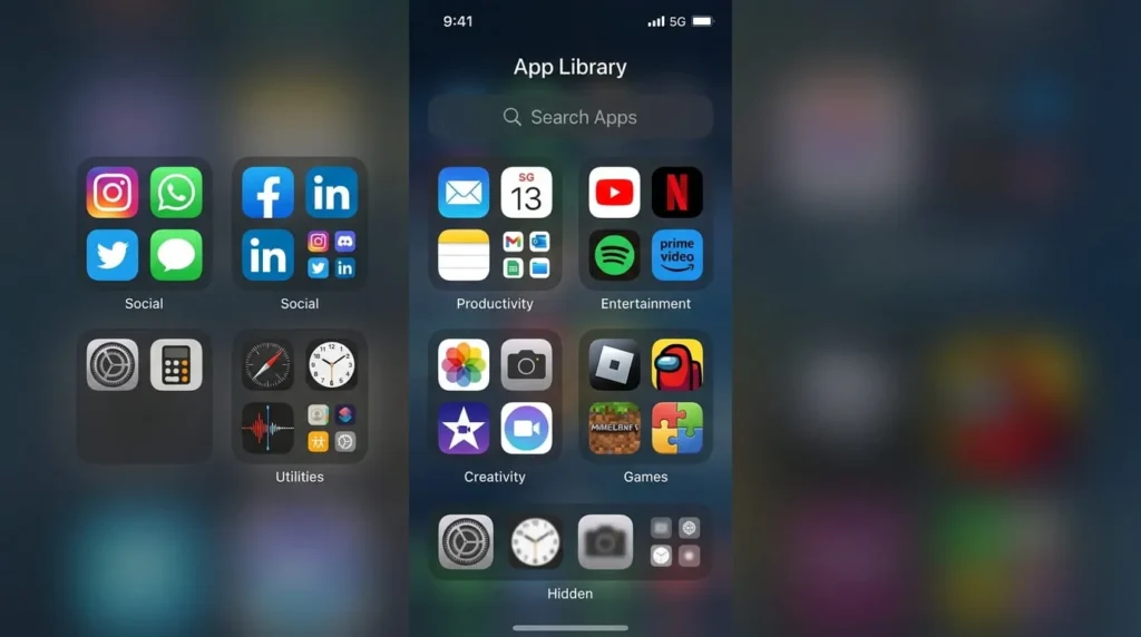 : iPhone App Library screen showing the Hidden folder where you hide apps on iPhone