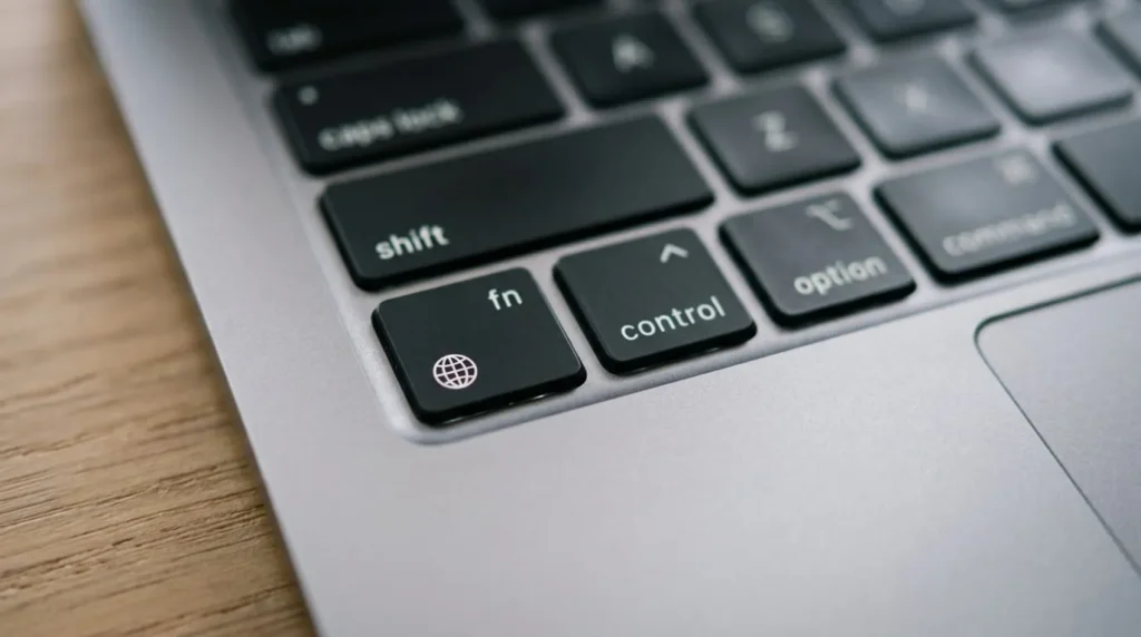 : Globe key on a Mac keyboard used as a one-tap emoji keyboard shortcut
