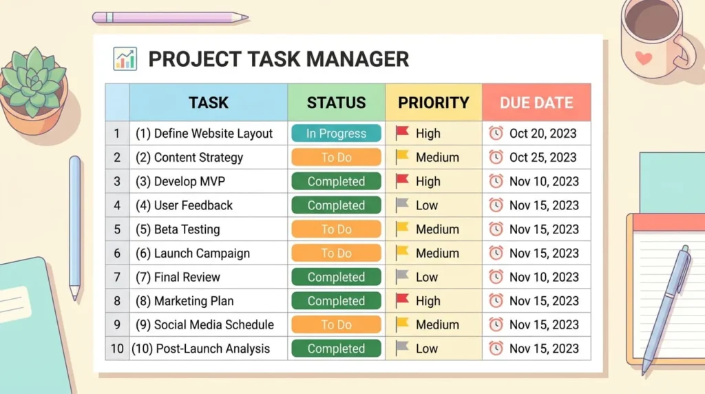 Column layout for a Google Sheets to do list template showing task, status, priority, and due date fields