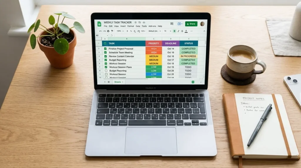Google Sheets to do list template displayed on a laptop with checkboxes and priority labels