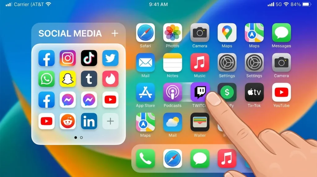 iPhone home screen showing how to hide apps on iPhone by dragging an icon into a folder