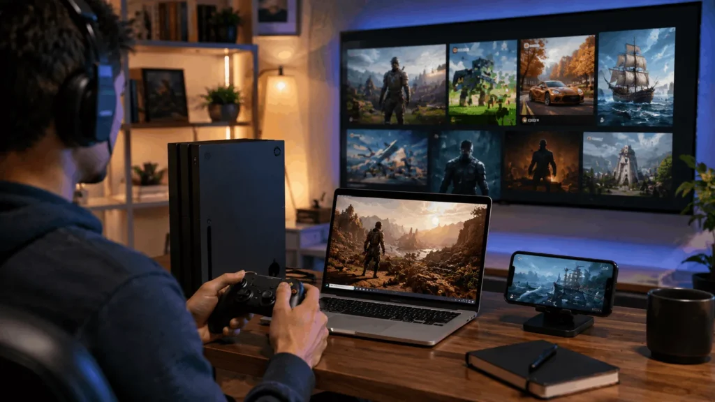 Gamer using Xbox Game Pass across an Xbox console, laptop, and smartphone, highlighting cloud gaming and access to a large game library.