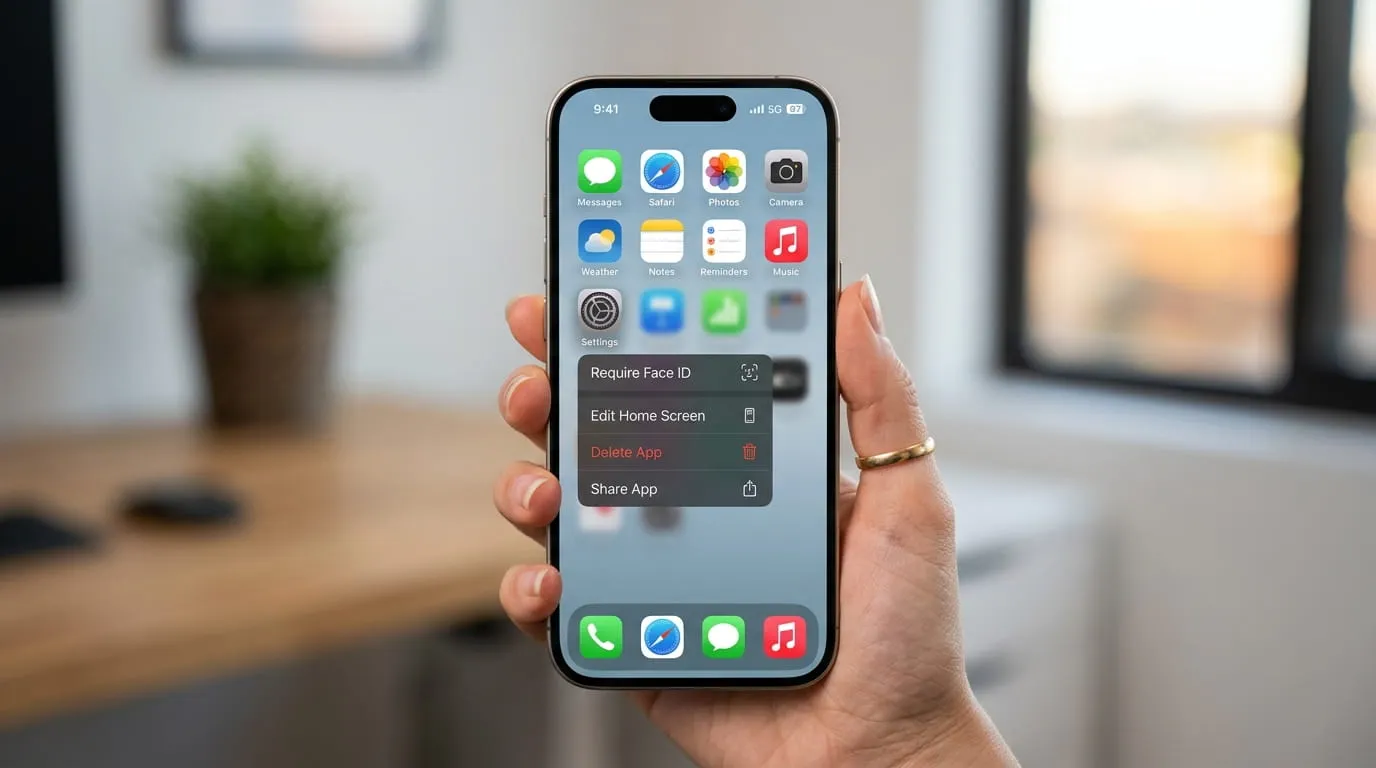 iPhone quick actions menu open showing how to hide apps on iPhone with the Require Face ID option