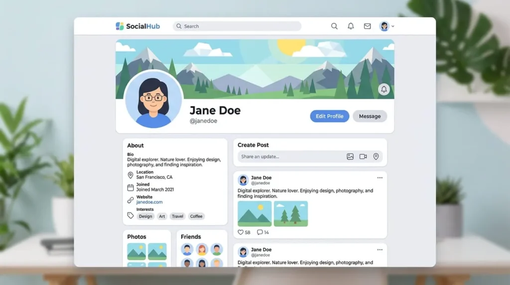 Profile page layout showing how to use Facebook to set up a profile