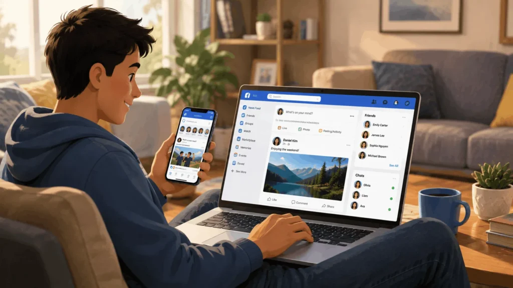 Person learning how to use Facebook on a laptop and phone