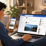 Person learning how to use Facebook on a laptop and phone