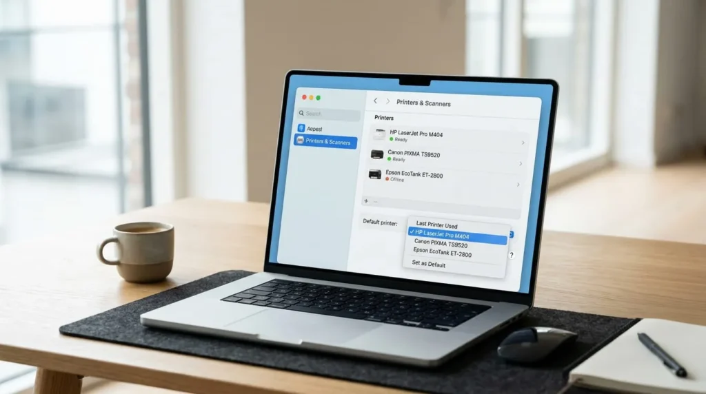 MacBook screen showing how to change default printer in Printers and Scanners settings