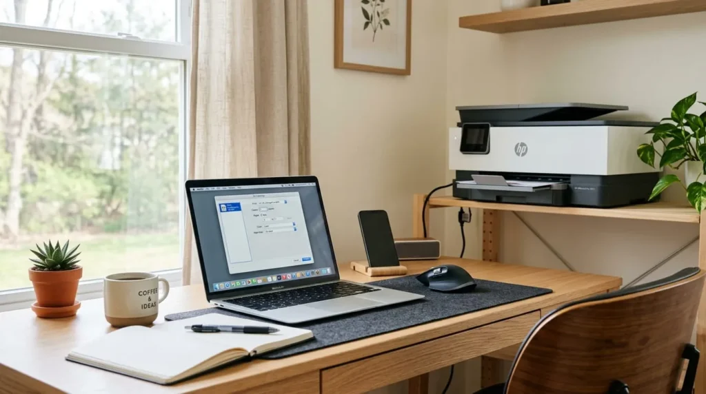 Laptop screen showing how to change default printer in Windows settings menu