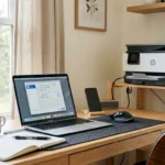 Laptop screen showing how to change default printer in Windows settings menu