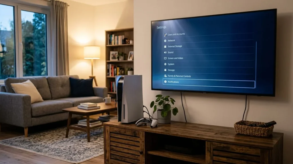 PS5 console and TV showing the settings screen used to factory reset a PS5