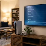 PS5 console and TV showing the settings screen used to factory reset a PS5