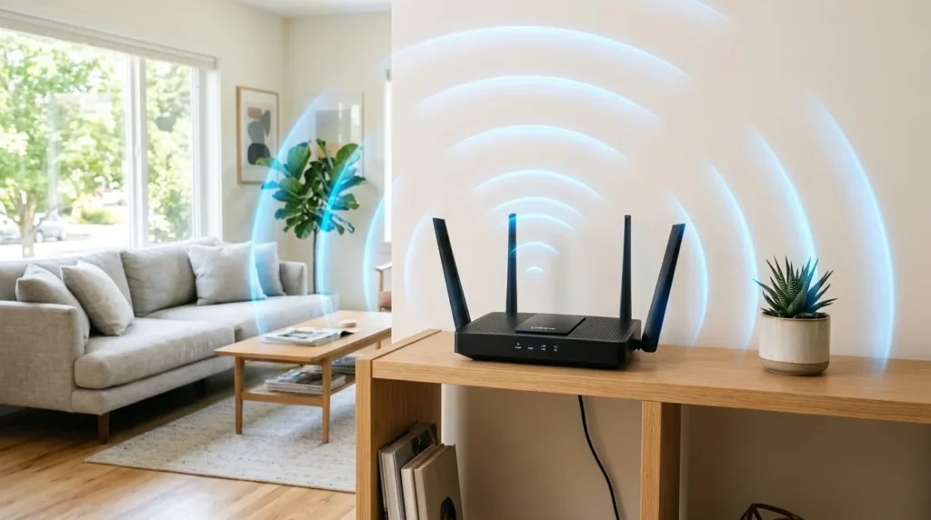 Router positioned centrally on a shelf to improve wifi signal throughout the home