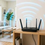 Router positioned centrally on a shelf to improve wifi signal throughout the home
