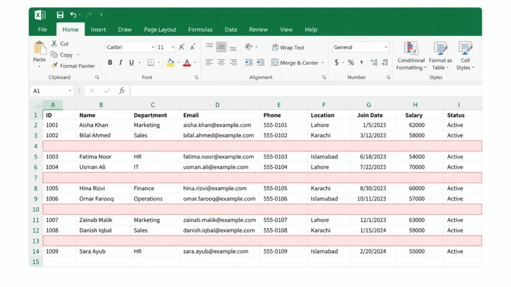 Excel spreadsheet showing highlighted empty rows before deletion