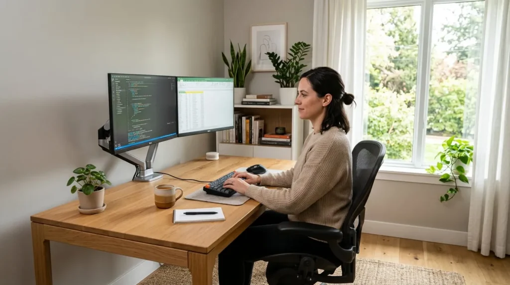A modern workspace showcasing how to set up a home office with ergonomic furniture and natural light