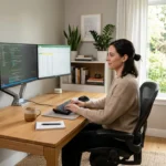 A modern workspace showcasing how to set up a home office with ergonomic furniture and natural light