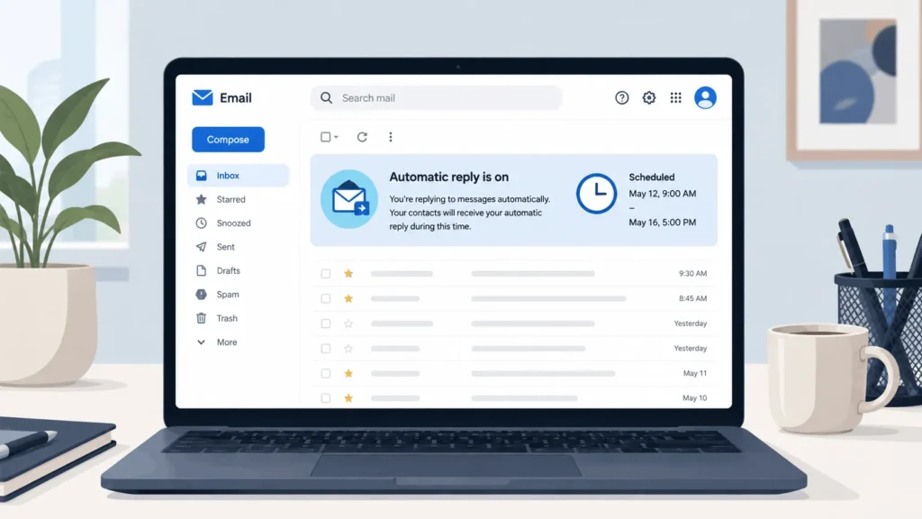 Laptop screen showing an out of office message in Outlook automatic reply active