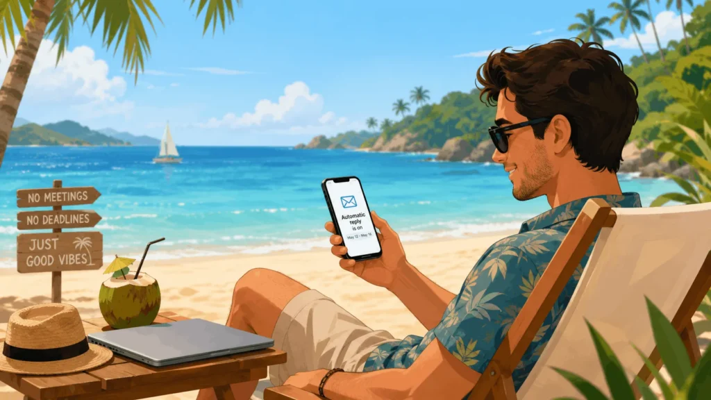 Person relaxing on vacation while their out of office message in Outlook handles incoming email