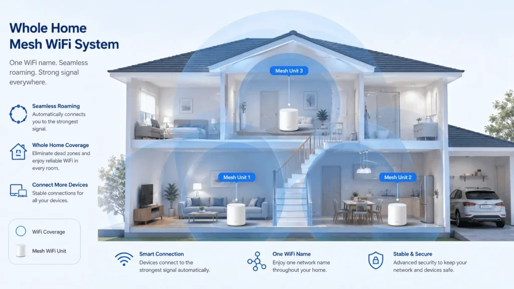 Mesh wifi units placed around a home to improve wifi signal coverage