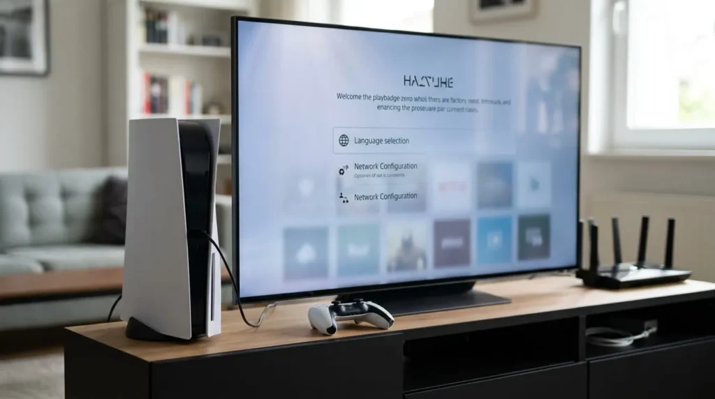 PS5 console connected to a TV during the setup process after a factory reset, with a controller and network equipment nearby.