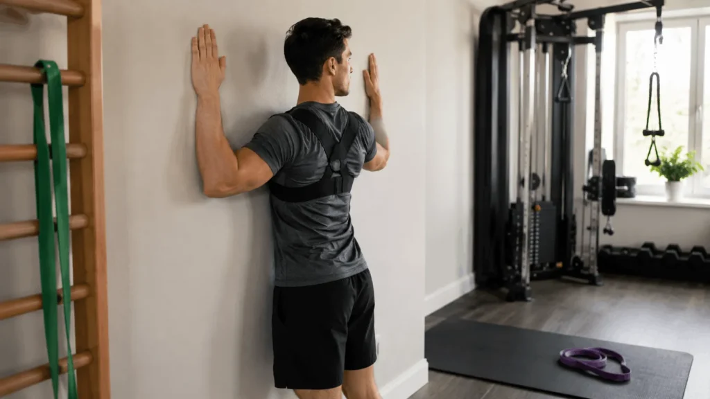 Person using a posture corrector while performing a wall angel exercise to improve long-term posture and upper-back strength.