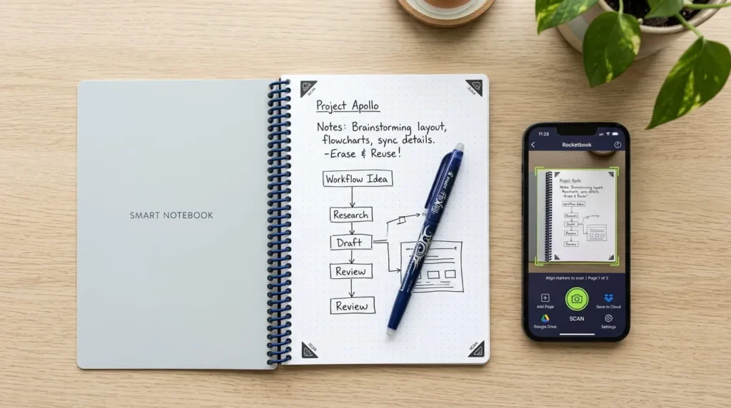 Smartphone scanning a page from a reusable digital notebook using a companion app