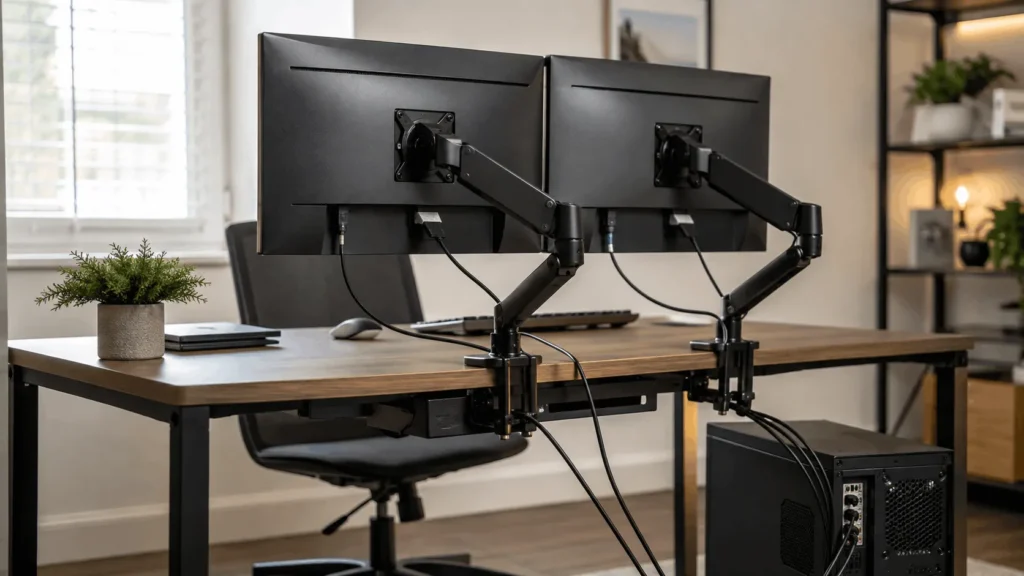 A home office desk showing the result of setting up two monitors side by side with tidy cable management