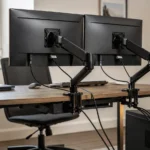 A home office desk showing the result of setting up two monitors side by side with tidy cable management