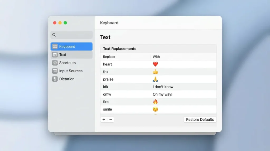 macOS Text Replacement settings used to create a custom emoji keyboard shortcut